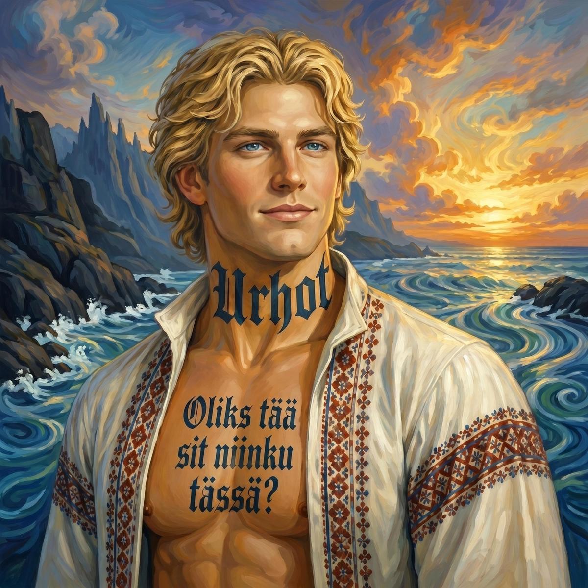 Urhot on a Nordic sea cliff in an embroidered linen shirt