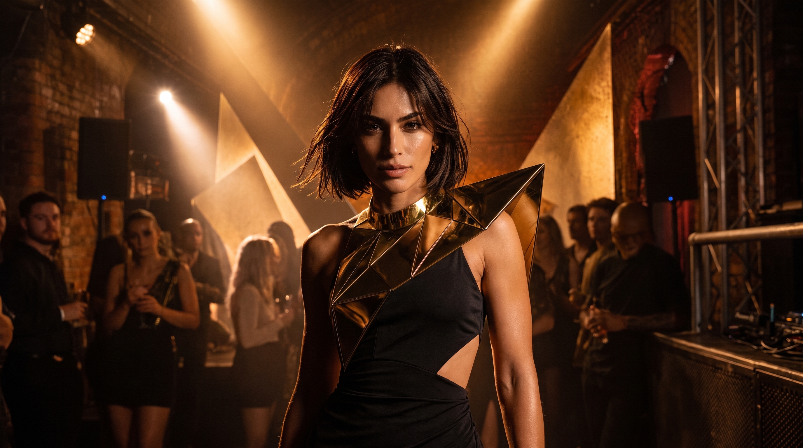 MARIE//ABLE backstage in black stagewear with an asymmetric gold shoulder sculpture